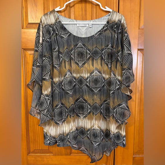 Women’s Sz 1x Notations Black and Tan Geometric Blouse - Picture 1 of 6